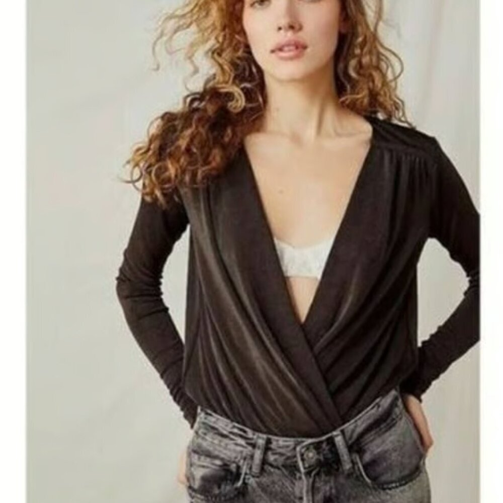 Free People Black Long-Sleeve Wrap Bodysuit